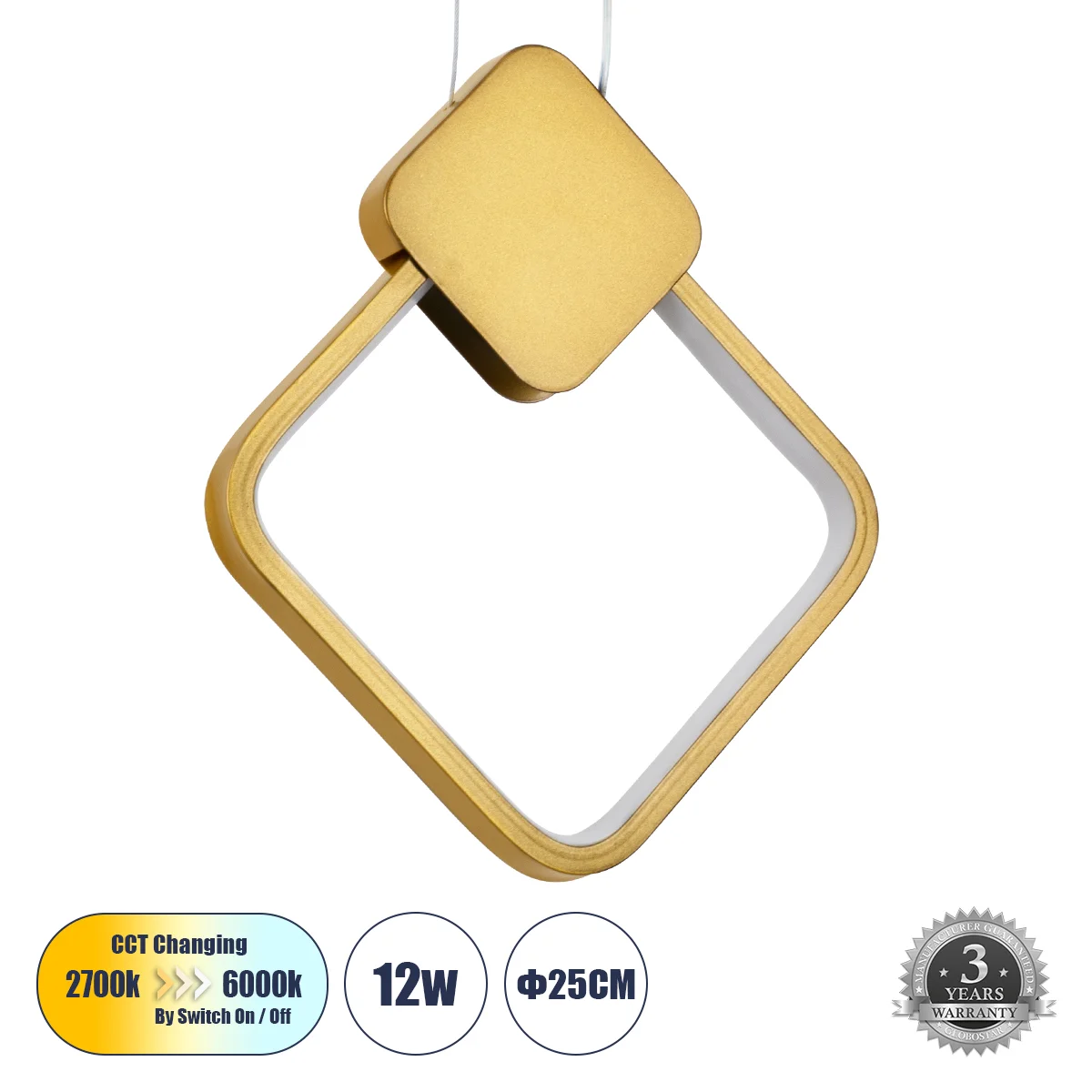 Φωτογραφία προϊόντος: GLOBOSTAR® MARY 61084 Μοντέρνο Κρεμαστό Φωτιστικό Οροφής LED 12W 1440lm 300° AC 220-240V IP20 Ρυθμιζόμενο Λευκό CCT με On/Off 2700K/4500K/6000K - Lumileds SMD Chip - Χρυσό Βούρτσας