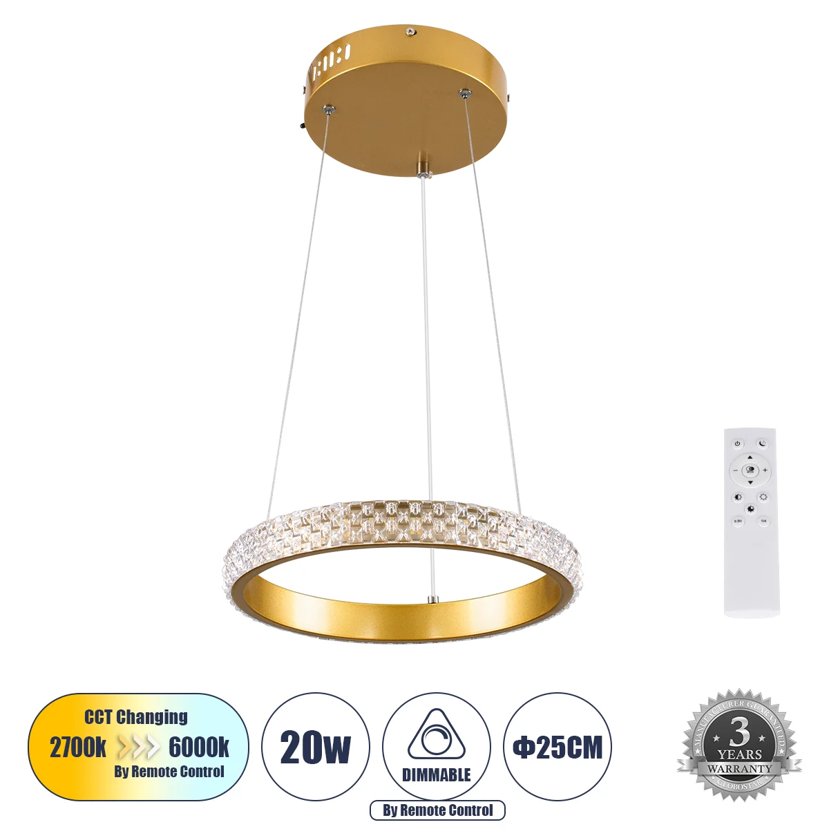 Φωτογραφία προϊόντος: GLOBOSTAR® DIAMOND 61127 Μοντέρνο Κρεμαστό Φωτιστικό Οροφής LED 20W 2356lm 360° AC 220-240V IP20 Ρυθμιζόμενο Λευκό CCT με Χειριστήριο από 2700K έως 6000K Dimmable - Lumileds SMD Ch