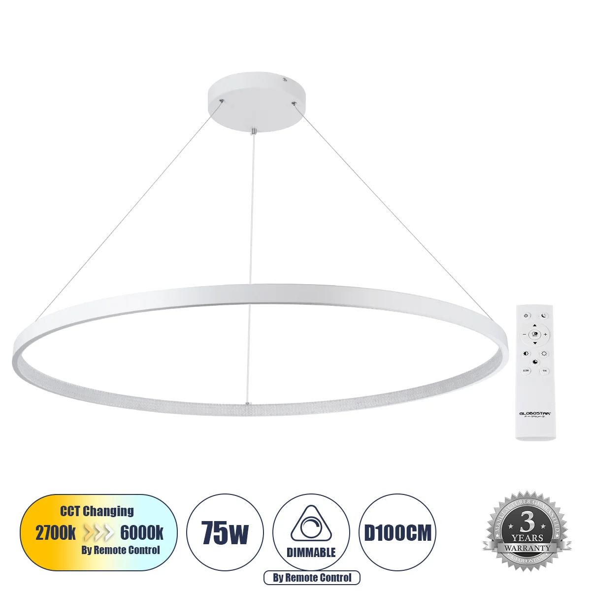 Φωτογραφία προϊόντος: GLOBOSTAR® DIAMOND 61518 Μοντέρνο Κρεμαστό Φωτιστικό Οροφής LED 75W 8400lm 360° AC 220-240V IP20 Ρυθμιζόμενο Λευκό CCT με Χειριστήριο από 2700K έως 6000K Dimmable - Lumileds SMD Ch