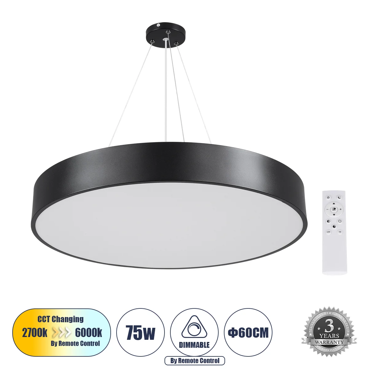 Φωτογραφία προϊόντος: GLOBOSTAR® BURTON 61202 Μοντέρνο Κρεμαστό Φωτιστικό Οροφής LED 75W 8625lm 120° AC 220-240V IP20 Ρυθμιζόμενο Λευκό CCT με Χειριστήριο από 2700K έως 6000K Dimmable - Lumileds SMD Chi