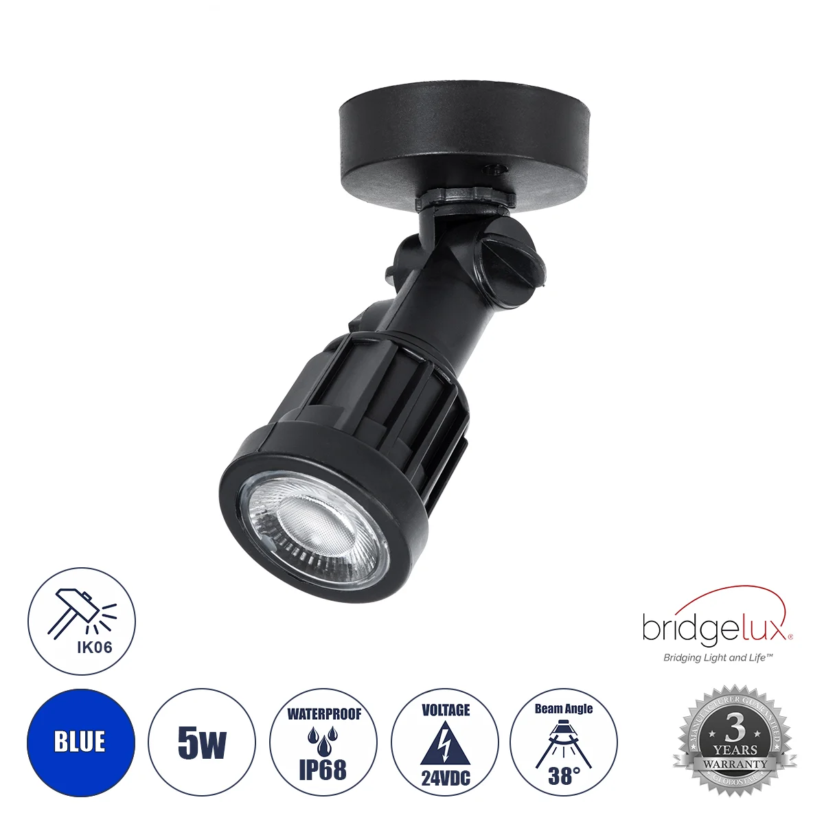 Φωτογραφία προϊόντος: GLOBOSTAR® GARDENINI 61548 Φωτιστικό Σποτ LED 5W 550lm 38° DC 24V Αδιάβροχο IP68 Μπλε Dimmable - Lumileds SMD Chip - Μαύρο - Μ7 x Π7 x Υ14.5cm - 3 Χρόνια Εγγύηση