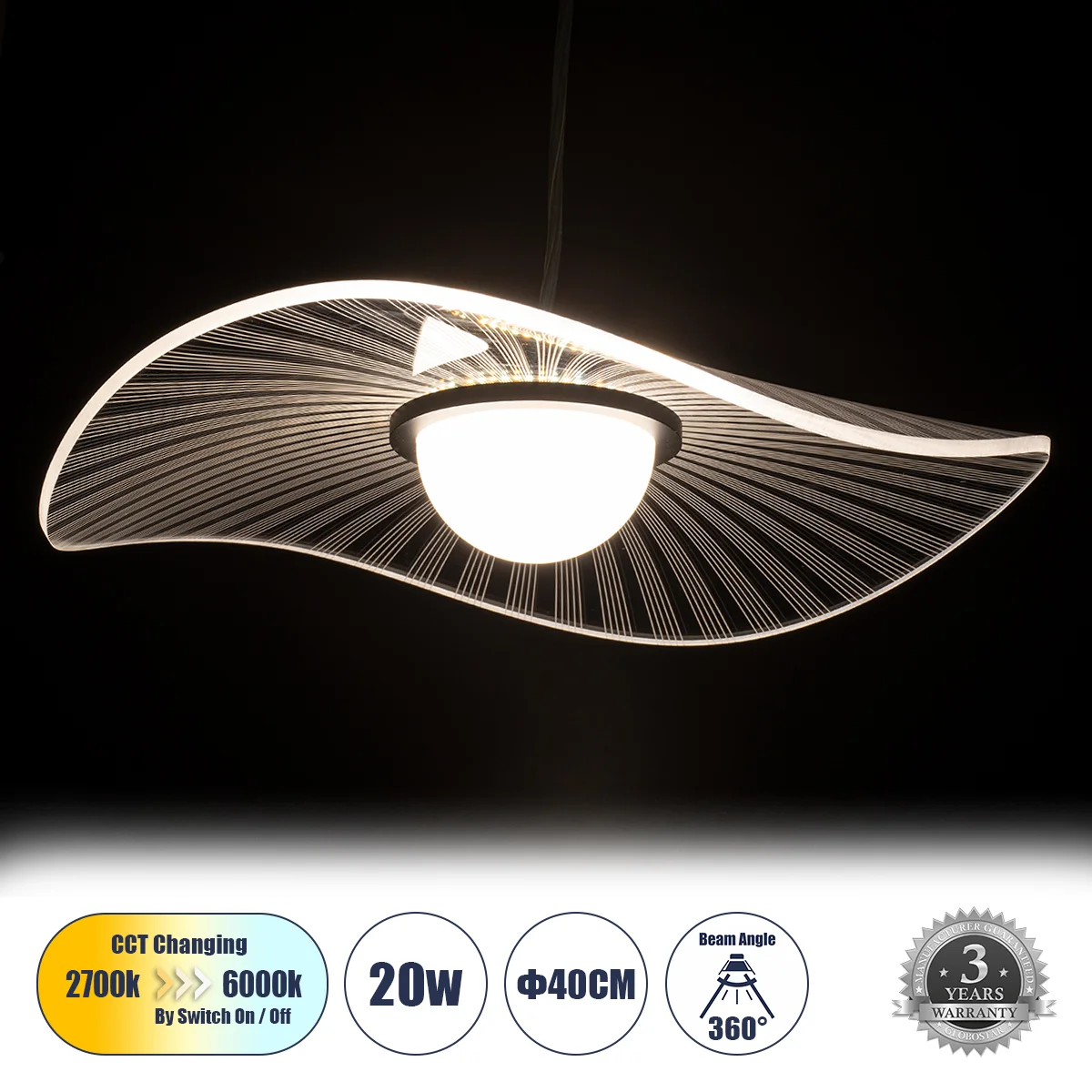 Φωτογραφία προϊόντος: GLOBOSTAR® ACRYLICA 60974 Μοντέρνο Κρεμαστό Φωτιστικό Οροφής LED 20W 2240lm 360° AC 220-240V IP20 Ρυθμιζόμενο Λευκό CCT με On/Off 2700K/4500K/6000K - Lumileds SMD Chip - Διάφανο &