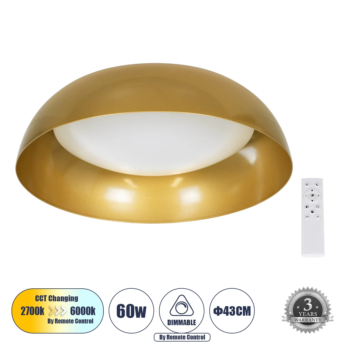 Φωτογραφία προϊόντος: GLOBOSTAR® ANATOLIA 61263 Μοντέρνο Φωτιστικό Οροφής LED 60W 6900lm 120° AC 220-240V IP20 Ρυθμιζόμενο Λευκό CCT με Χειριστήριο από 2700K έως 6000K Dimmable - Lumileds SMD Chip - Χρυ