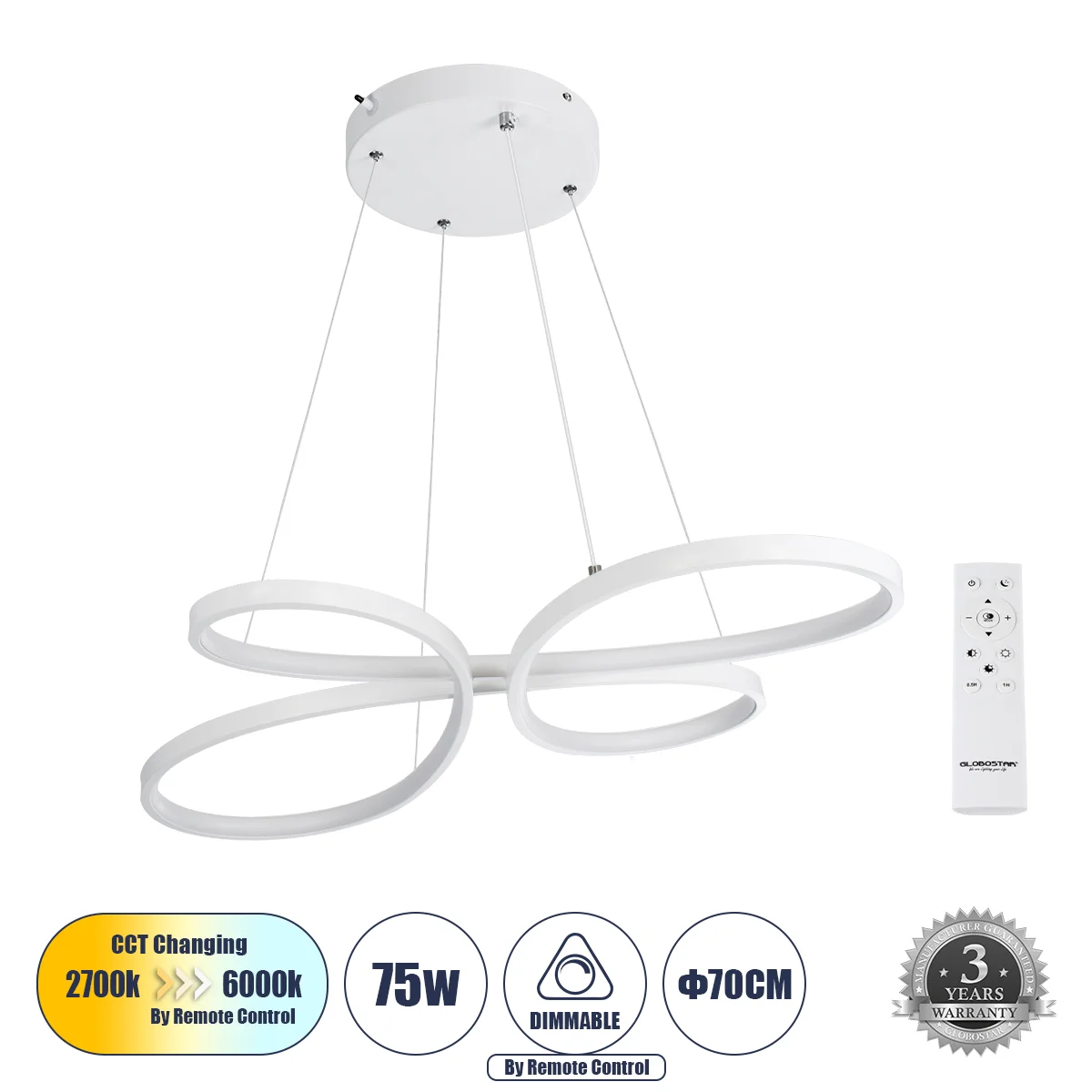 Φωτογραφία προϊόντος: GLOBOSTAR® BUTTERFLY 61392 Μοντέρνο Κρεμαστό Φωτιστικό Οροφής LED 75W 7500lm 300° AC 220-240V IP20 Ρυθμιζόμενο Λευκό CCT με Χειριστήριο από 2700K έως 6000K Dimmable - Lumileds SMD