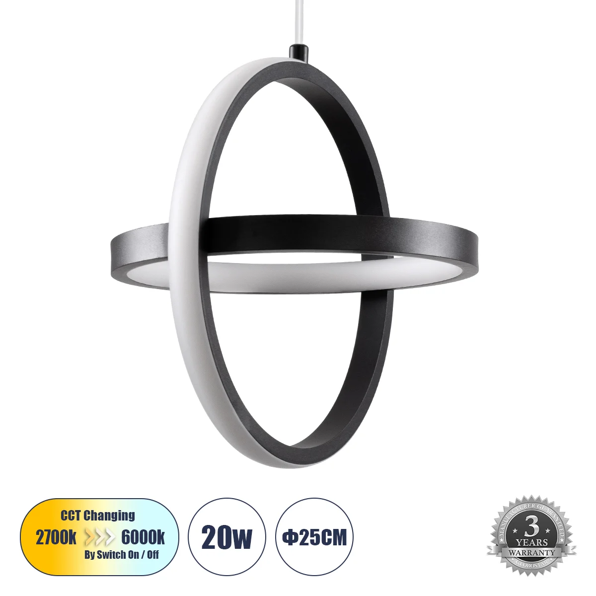 Φωτογραφία προϊόντος: GLOBOSTAR® ALICE 61055 Μοντέρνο Κρεμαστό Φωτιστικό Οροφής LED 20W 2400lm 300° AC 220-240V IP20 Ρυθμιζόμενο Λευκό CCT με On/Off 2700K/4500K/6000K - Lumileds SMD Chip - Μαύρο Ματ - Μ