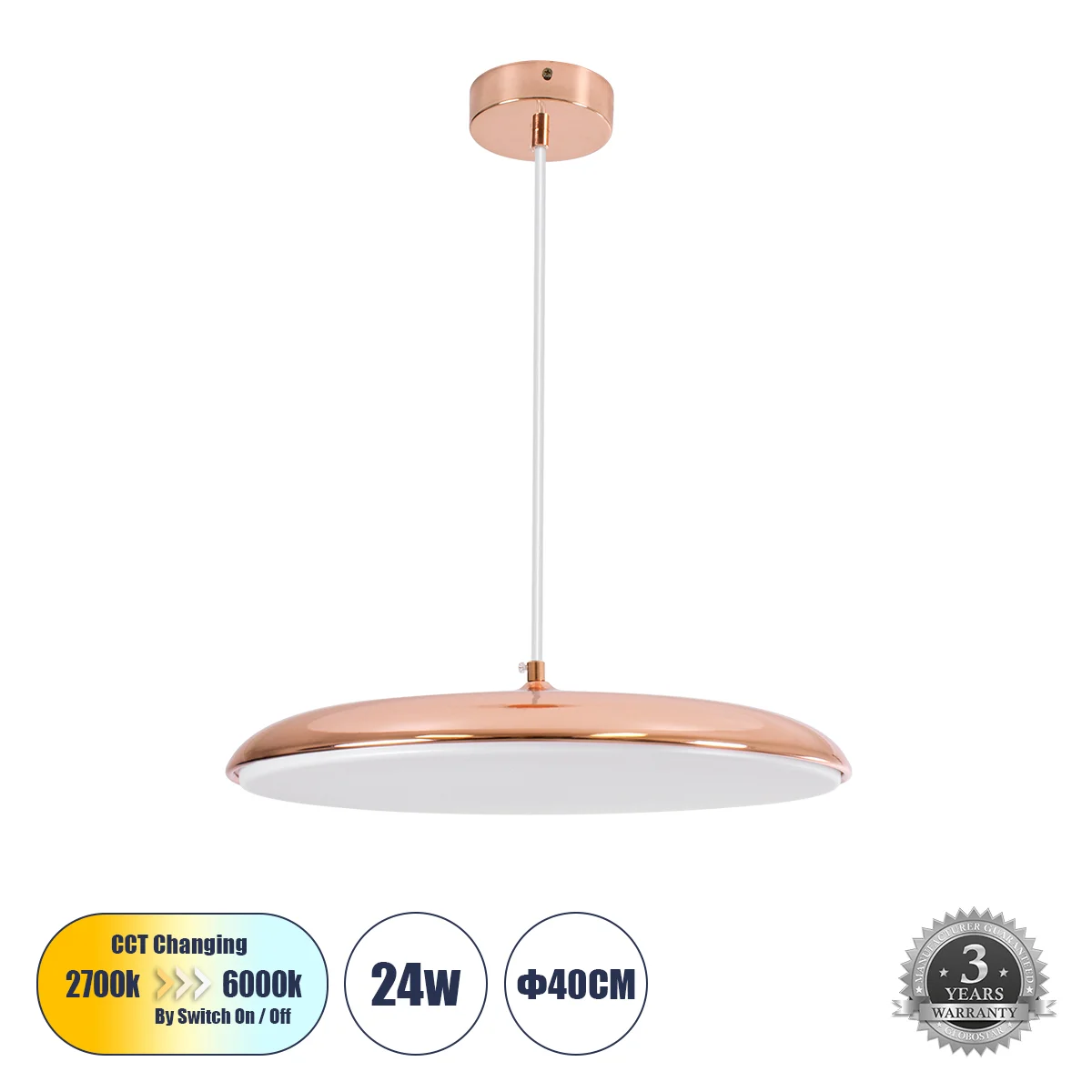 Φωτογραφία προϊόντος: GLOBOSTAR® BARON 61256 Μοντέρνο Κρεμαστό Φωτιστικό Οροφής LED 24W 2880lm 120° AC 220-240V IP20 Ρυθμιζόμενο Λευκό CCT με On/Off 2700K/4500K/6000K - Lumileds SMD Chip - Ροζ Χρυσό - Μ