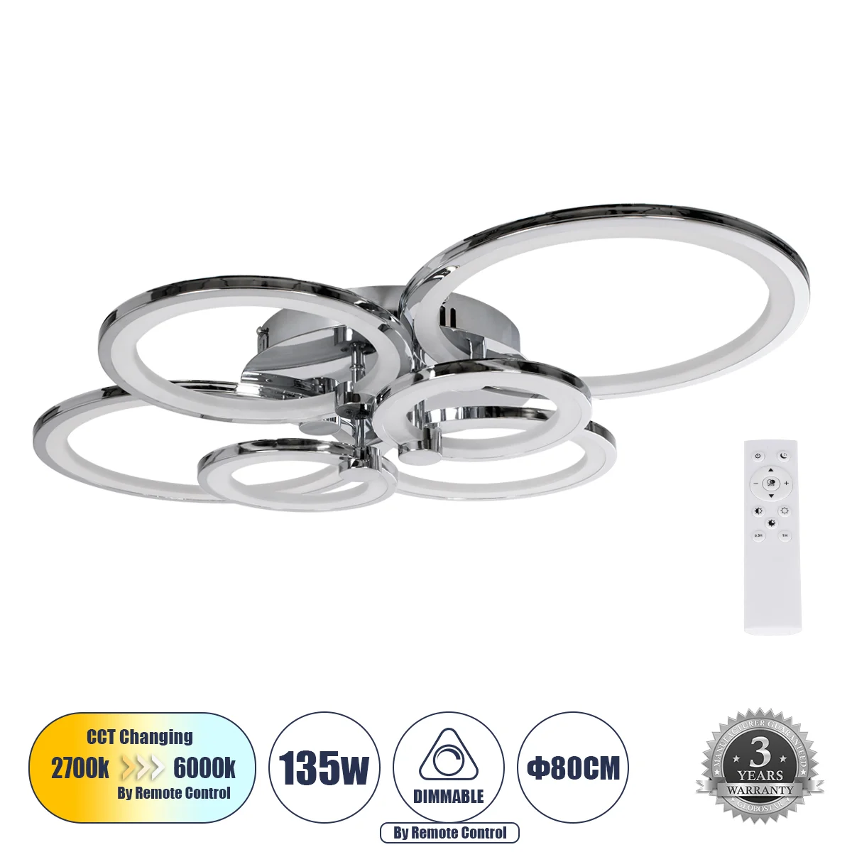 Φωτογραφία προϊόντος: GLOBOSTAR® ROYAL-R 61324 Μοντέρνο Φωτιστικό Οροφής LED 135W 16200lm 360° AC 220-240V IP20 Ρυθμιζόμενο Λευκό CCT με Χειριστήριο από 2700K έως 6000K Dimmable - Lumileds SMD Chip - Ασ