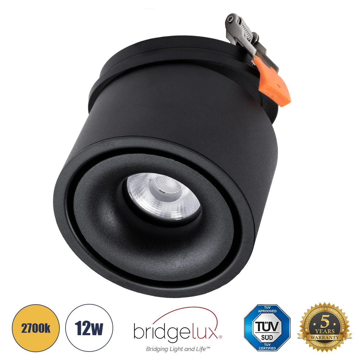 Φωτογραφία προϊόντος: GLOBOSTAR® OMEGA-R 60297 Χωνευτό Κινούμενο Downlight Σποτ LED 12W 1500lm 36° AC 220-240V IP20 Θερμό Λευκό 2700K - Bridgelux COB Chip & TÜV SÜD Driver - Μαύρο Ματ - Μ10 x Π10 x Υ8.2
