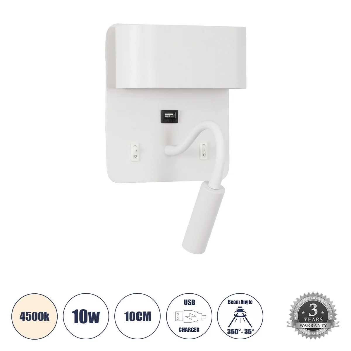 Φωτογραφία προϊόντος: GLOBOSTAR® IBIS 61368 Μοντέρνο Φωτιστικό Τοίχου - Απλίκα Ξενοδοχείου Reading Light με Φορτιστή USB 3A LED 10W 1100lm 36° & 360° AC 220-240V IP20 Φυσικό Λευκό 4500K - Bridgelux COB