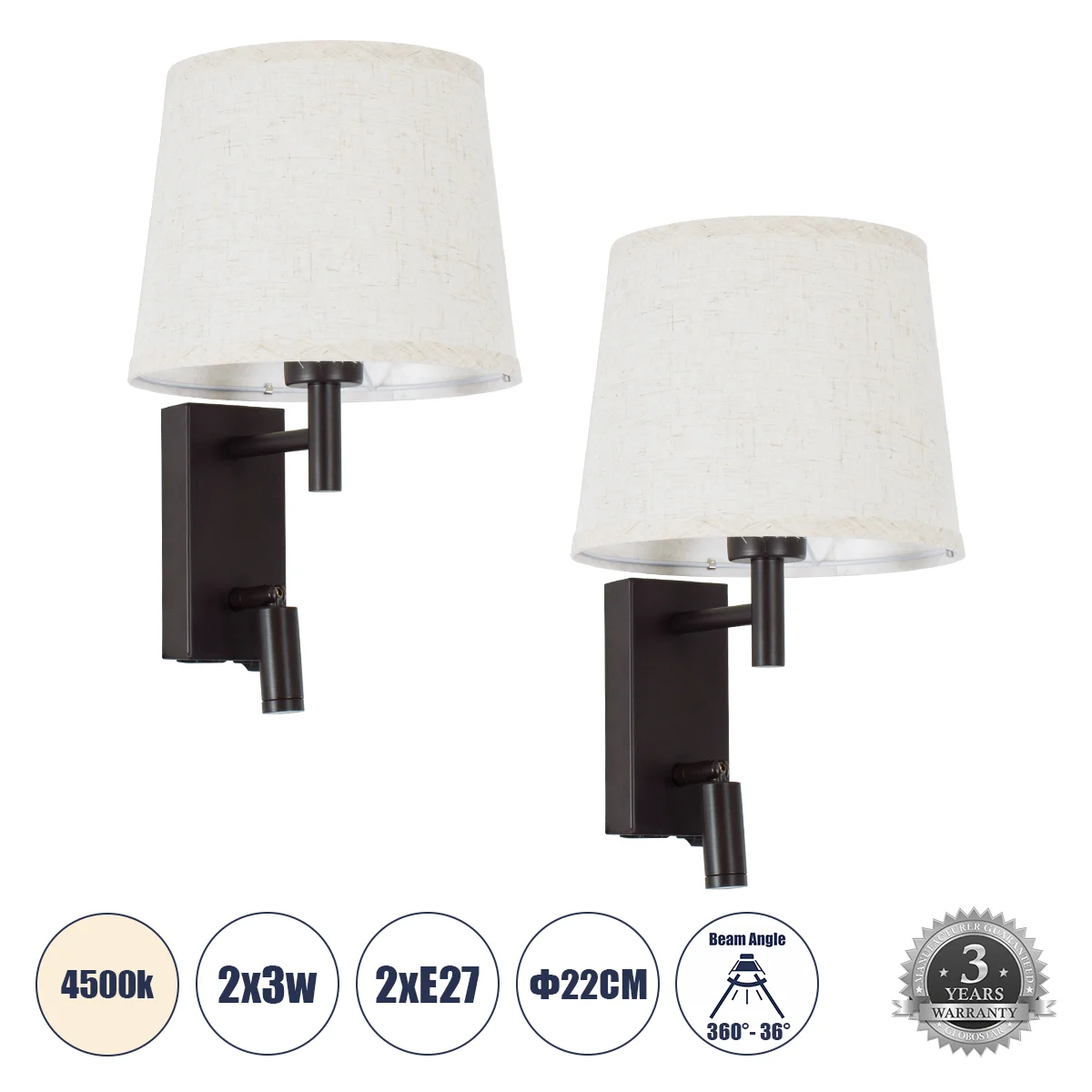 Φωτογραφία προϊόντος: GLOBOSTAR® ROULETTE-R 61381 Μοντέρνο Φωτιστικό Τοίχου - Απλίκα Ξενοδοχείου Reading Light με Φορτιστή USB 3A & Ντουί 1 x E27 LED 3W 360lm 36° & 360° AC 220-240V IP20 Φυσικό Λευκό 45