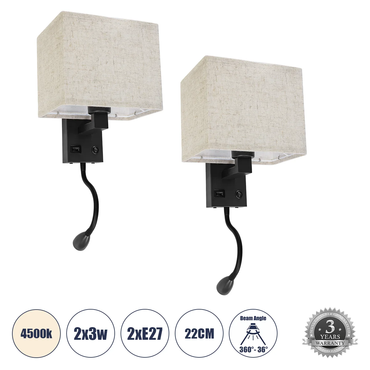 Φωτογραφία προϊόντος: GLOBOSTAR® ROULETTE-S 61382 Μοντέρνο Φωτιστικό Τοίχου - Απλίκα Ξενοδοχείου Reading Light με Φορτιστή USB 3A & Ντουί 1 x E27 LED 3W 360lm 36° & 360° AC 220-240V IP20 Φυσικό Λευκό 45
