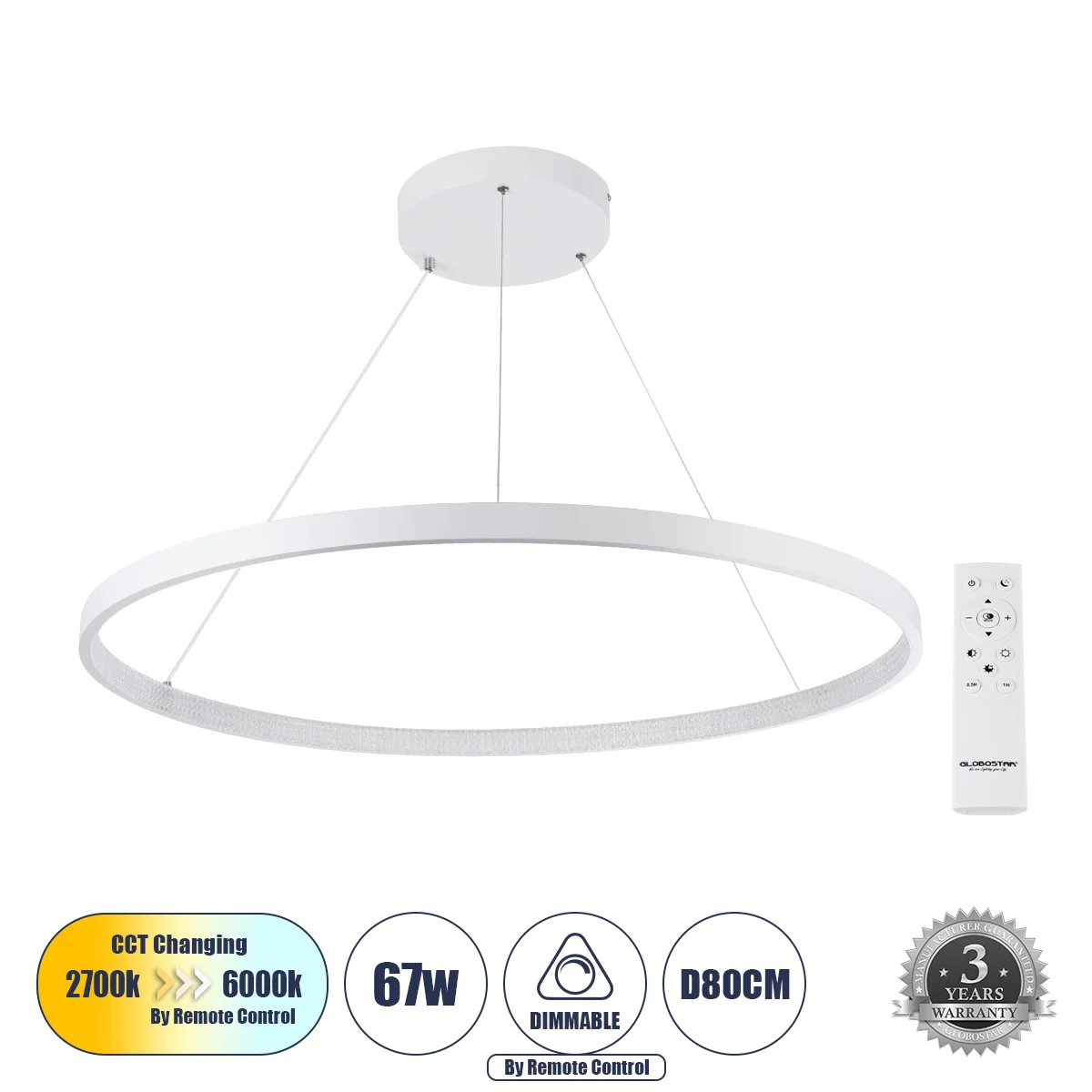Φωτογραφία προϊόντος: GLOBOSTAR® DIAMOND 61521 Μοντέρνο Κρεμαστό Φωτιστικό Οροφής LED 67W 7504lm 360° AC 220-240V IP20 Ρυθμιζόμενο Λευκό CCT με Χειριστήριο από 2700K έως 6000K Dimmable - Lumileds SMD Ch