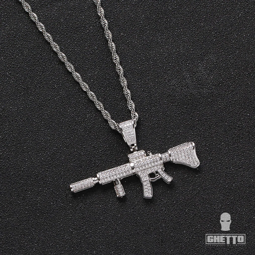 Φωτογραφία προϊόντος: Ghetto Gun Pendant Necklace Bling Iced Diamond Silver