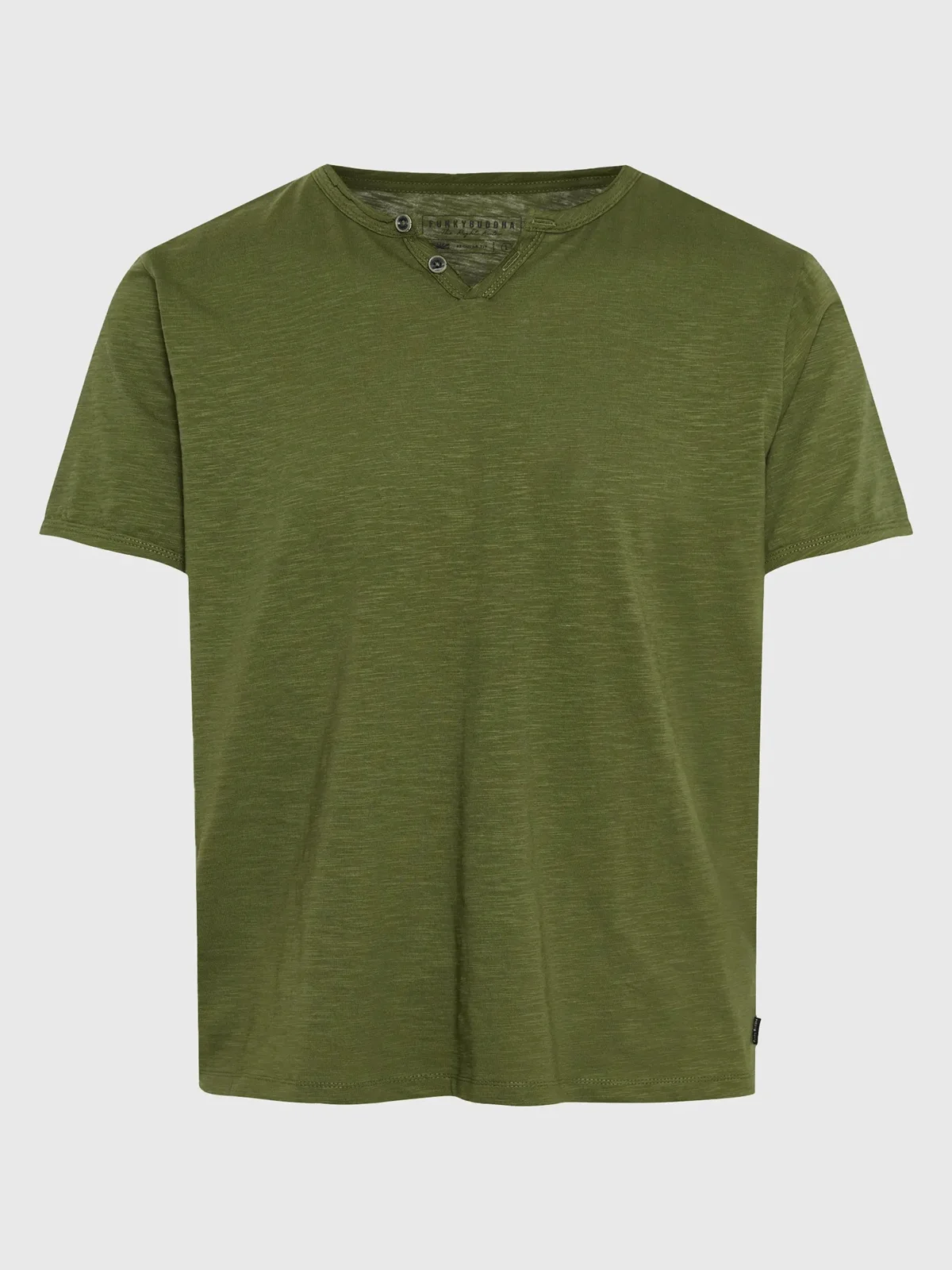 Φωτογραφία προϊόντος: Βαμβακερό T-shirt με λαιμό henley και raw cuts Funky Buddha λαδί χρώμα