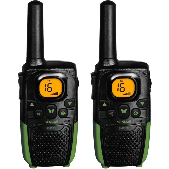 Φωτογραφία προϊόντος: Walkie Talkie Σετ 2τεμ. με Yποδοχή Hands Free 2.5mm Εύρος Κάλυψης 7 km 3ΑΑΑ Sencor SMR 131 Μαύρο/Πράσινο