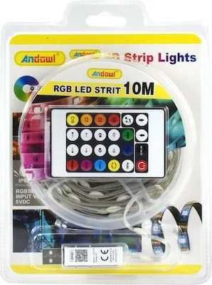 Φωτογραφία προϊόντος: Andowl Αδιάβροχη Ταινία LED USB 5V RGB Φως 10m Τύπου SMD5050 με Τροφοδοτικό + Τηλεχειριστήριο