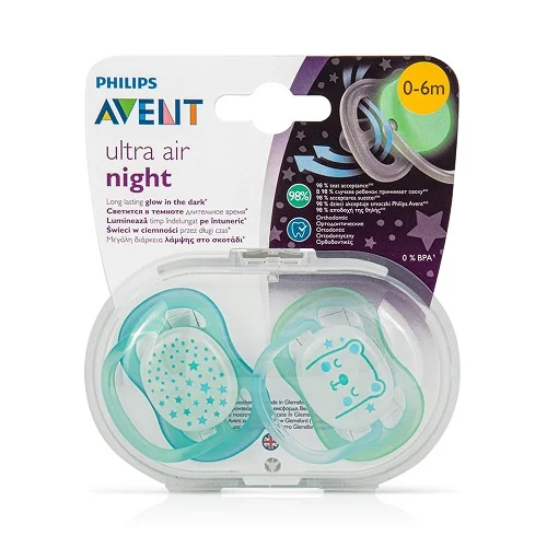 Φωτογραφία προϊόντος: Vican (Philips) Avent Ultra Air Night 0-6m (SCF376/11) Νυχτερινή Ορθοδοντική Πιπίλα Σιλικόνης Μπλε, 2τμχ