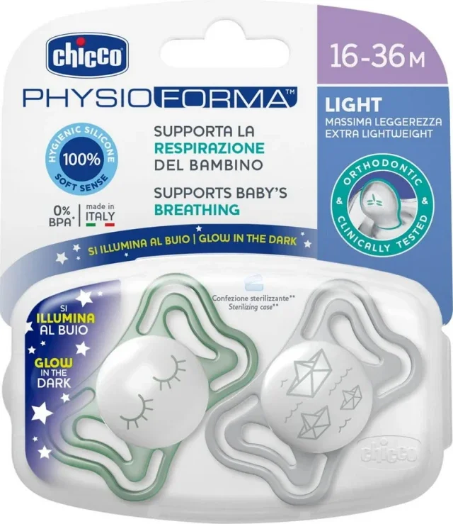 Φωτογραφία προϊόντος: Chicco PhysioForma Light Glow in the Dark Πιπίλα Σιλικόνης Γκρι-Πράσινο 16-36m 2τμχ