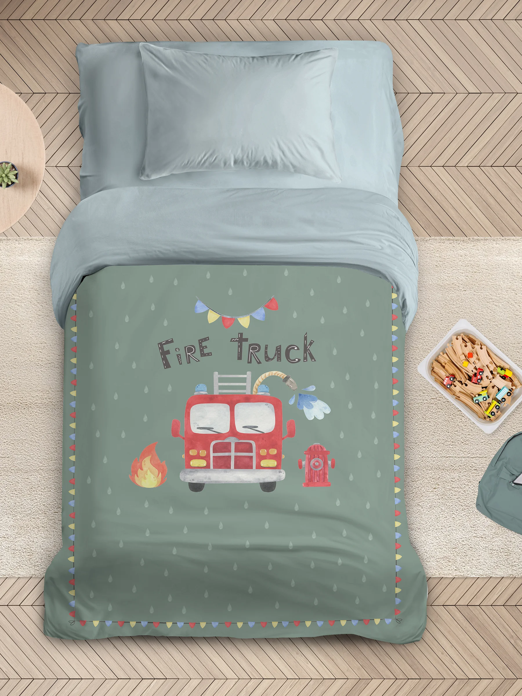 Φωτογραφία προϊόντος: Πάπλωμα 160x240 Μονό 470gsm Nima Fire Truck Πράσινο 100% Microfiber