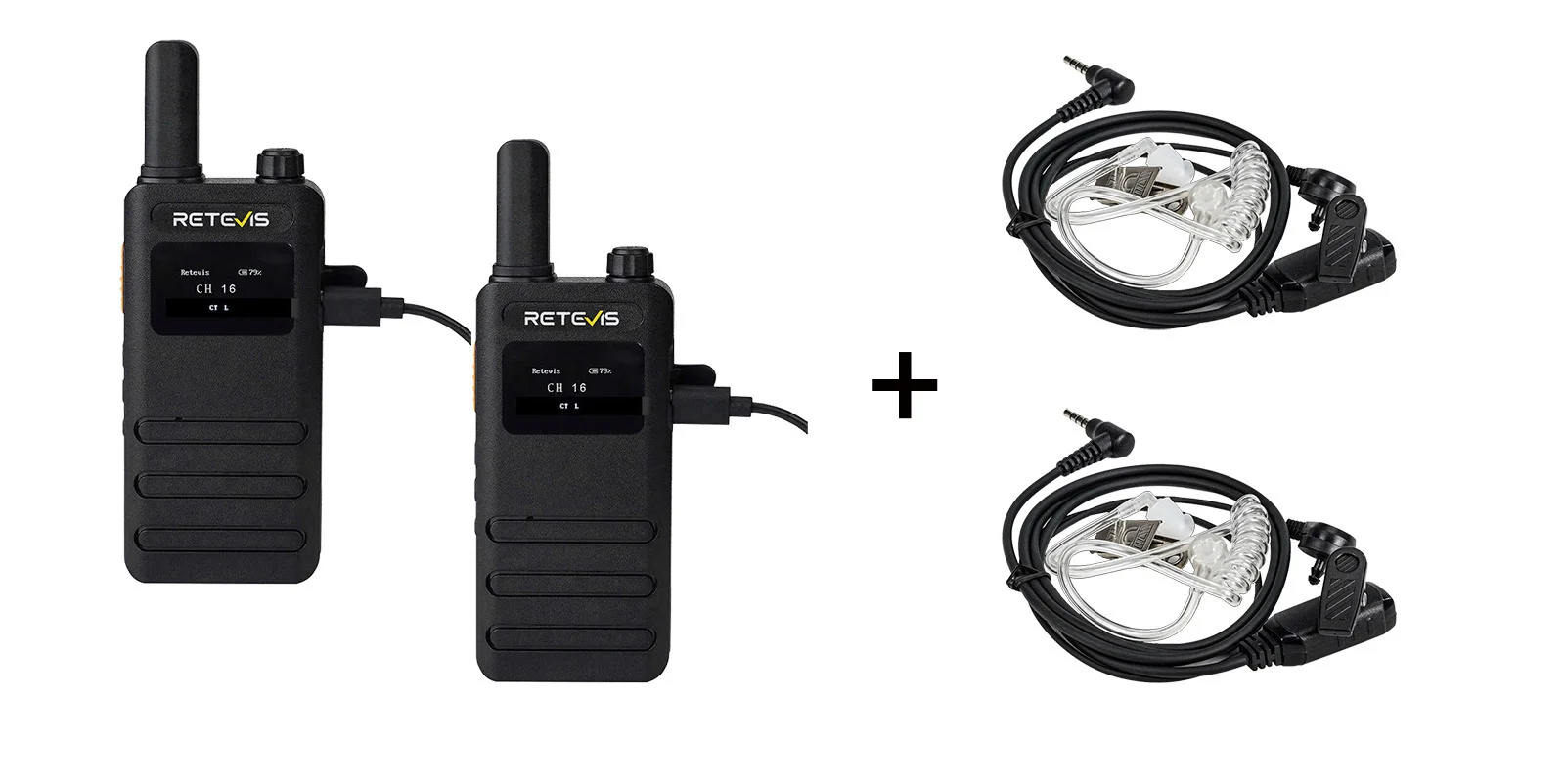 Φωτογραφία προϊόντος: Walkie Talkie Retevis B63S with LCD Screen (2-pack) + 2x G-Hook earpiece C9250A, Transparent
