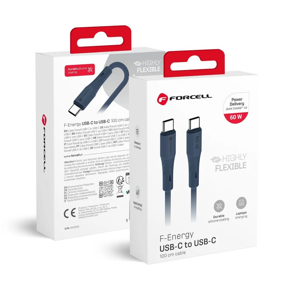 Φωτογραφία προϊόντος: Cable USB C to USB C Forcell F-Energy QC4.0 PD 3A 60W Silicone 1 m C344 navy blue