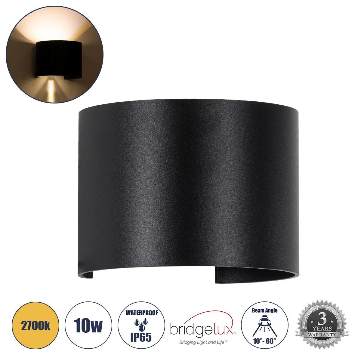 Φωτογραφία προϊόντος: GLOBOSTAR® AXIS-R 60637 Μοντέρνο Φωτιστικό Τοίχου - Απλίκα LED 10W 1000lm 5°/60° AC 220-240V Αδιάβροχο IP65 Θερμό Λευκό 2700K - Bridgelux COB Chip & TÜV SÜD Driver - Μαύρο Ματ - Μ1