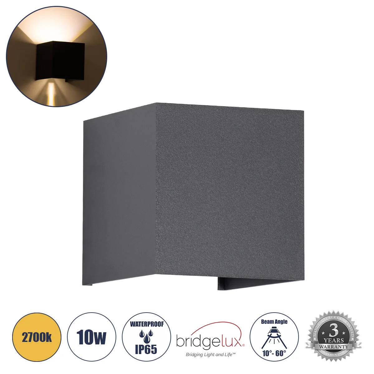 Φωτογραφία προϊόντος: GLOBOSTAR® AXIS-S 60561 Μοντέρνο Φωτιστικό Τοίχου - Απλίκα LED 10W 1150lm 5°/60° AC 220-240V Αδιάβροχο IP65 Θερμό Λευκό 2700K - Bridgelux COB Chip & TÜV SÜD Driver - Γκρι Ανθρακί Μ