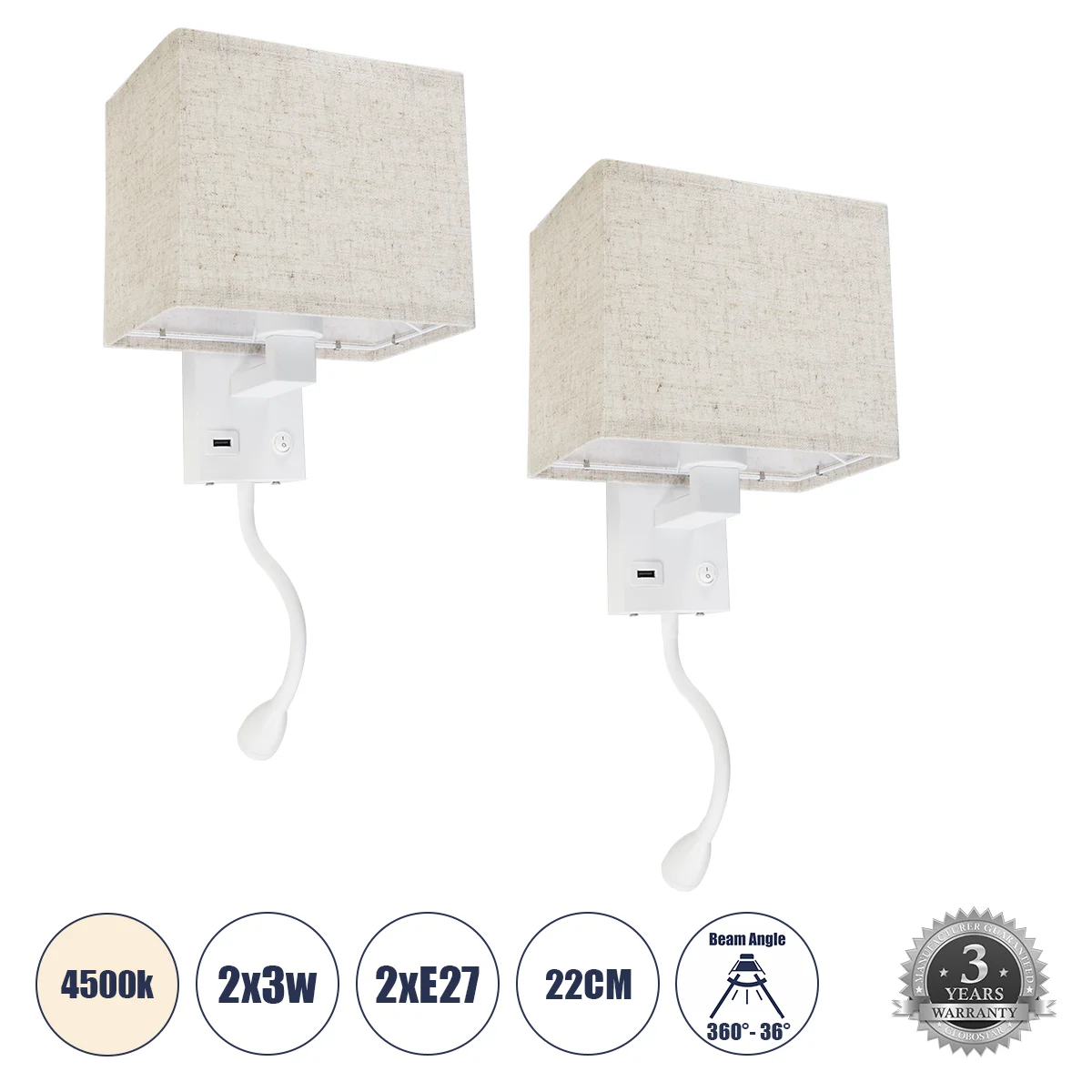 Φωτογραφία προϊόντος: GLOBOSTAR® ROULETTE-S 61383 Μοντέρνο Φωτιστικό Τοίχου - Απλίκα Ξενοδοχείου Reading Light με Φορτιστή USB 3A & Ντουί 1 x E27 LED 3W 360lm 36° & 360° AC 220-240V IP20 Φυσικό Λευκό 45