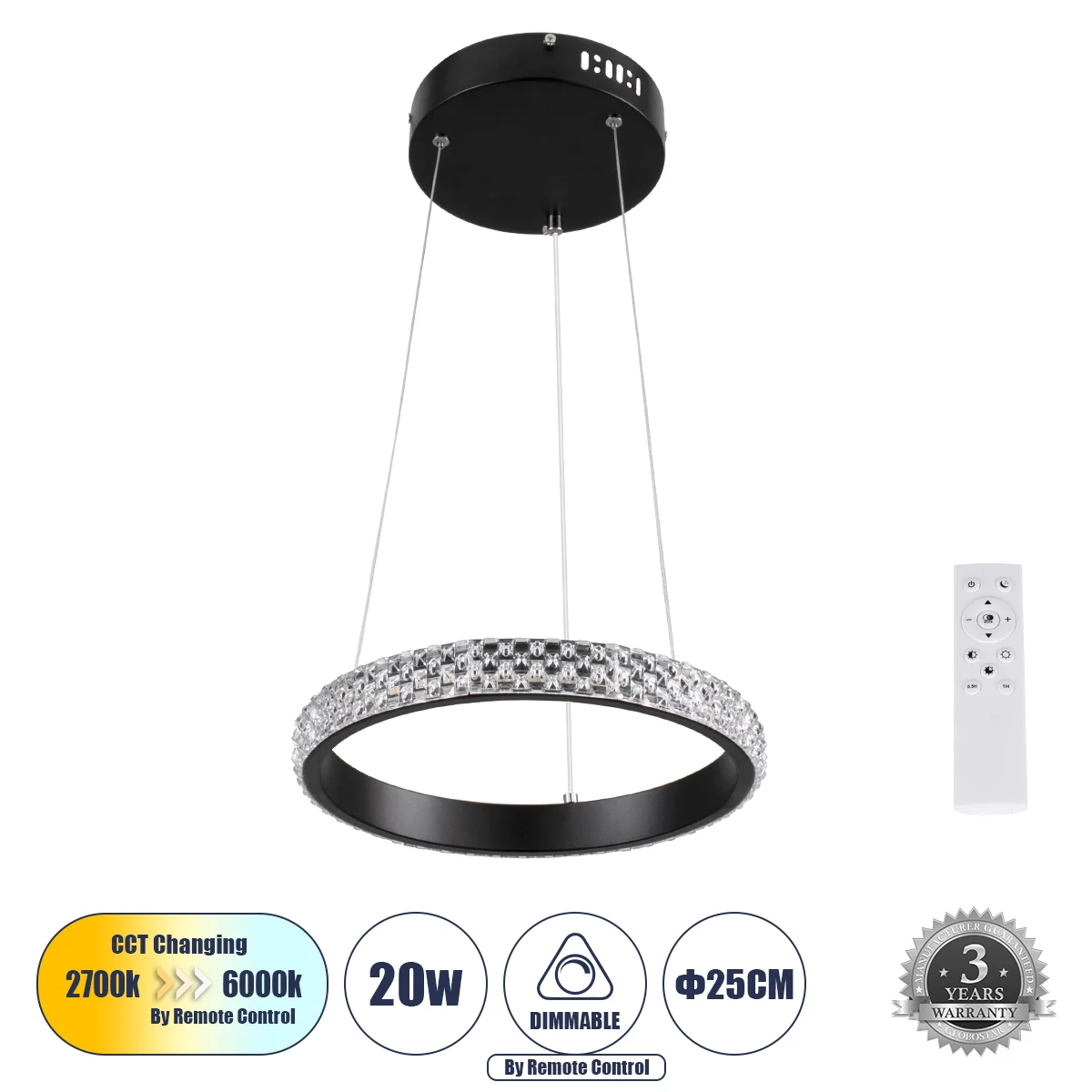 Φωτογραφία προϊόντος: GLOBOSTAR® DIAMOND 61126 Μοντέρνο Κρεμαστό Φωτιστικό Οροφής LED 20W 2356lm 360° AC 220-240V IP20 Ρυθμιζόμενο Λευκό CCT με Χειριστήριο από 2700K έως 6000K Dimmable - Lumileds SMD Ch
