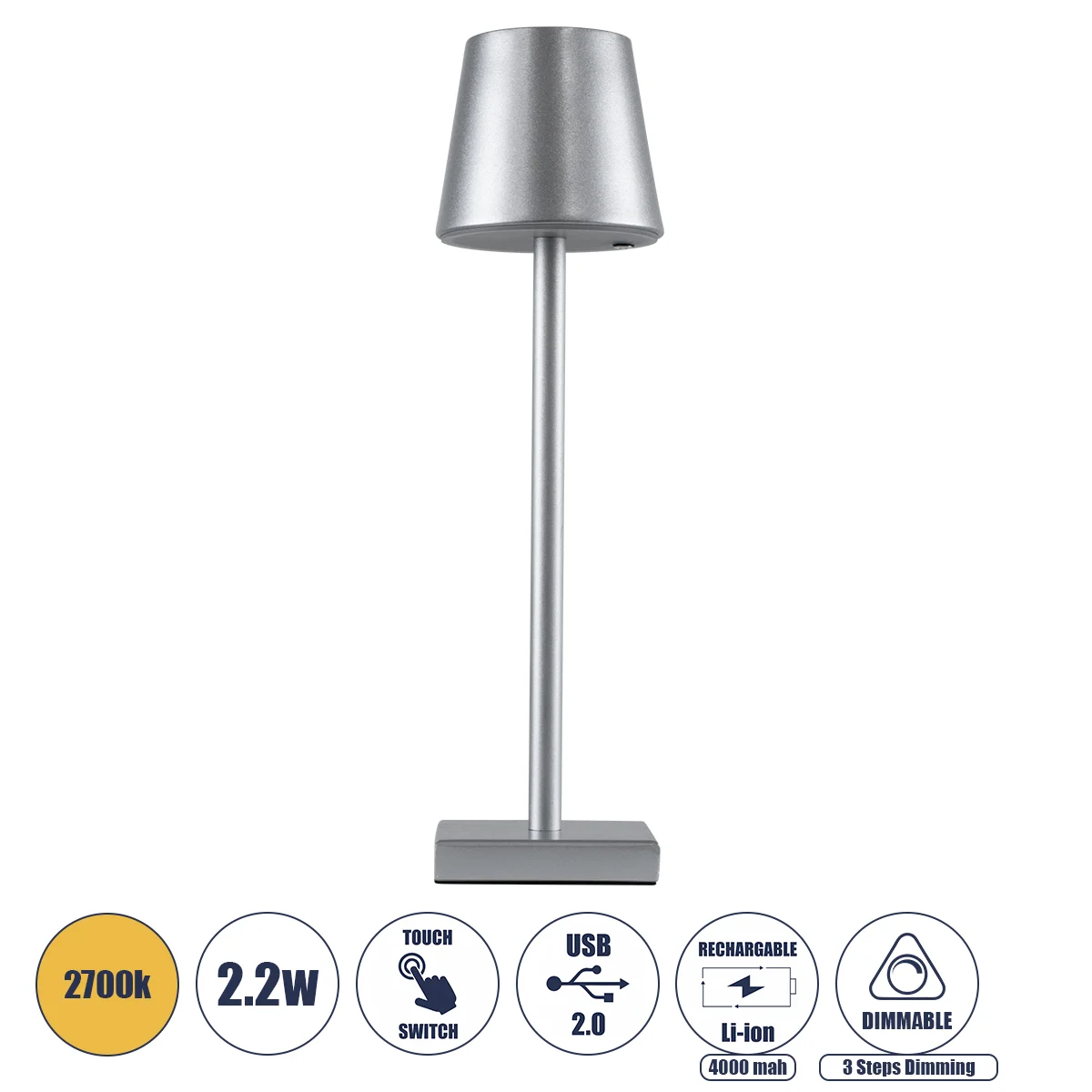Φωτογραφία προϊόντος: GLOBOSTAR® NEGA 60476 Μοντέρνο Επιτραπέζιο Φωτιστικό LED 2.2W 154lm 360° DC 5V με USB με Επαναφορτιζόμενη Μπαταρία Li-ion 3.7V 4000mAh IP20 Θερμό Λευκό 2700K με Αφή Dimmable - Lumi