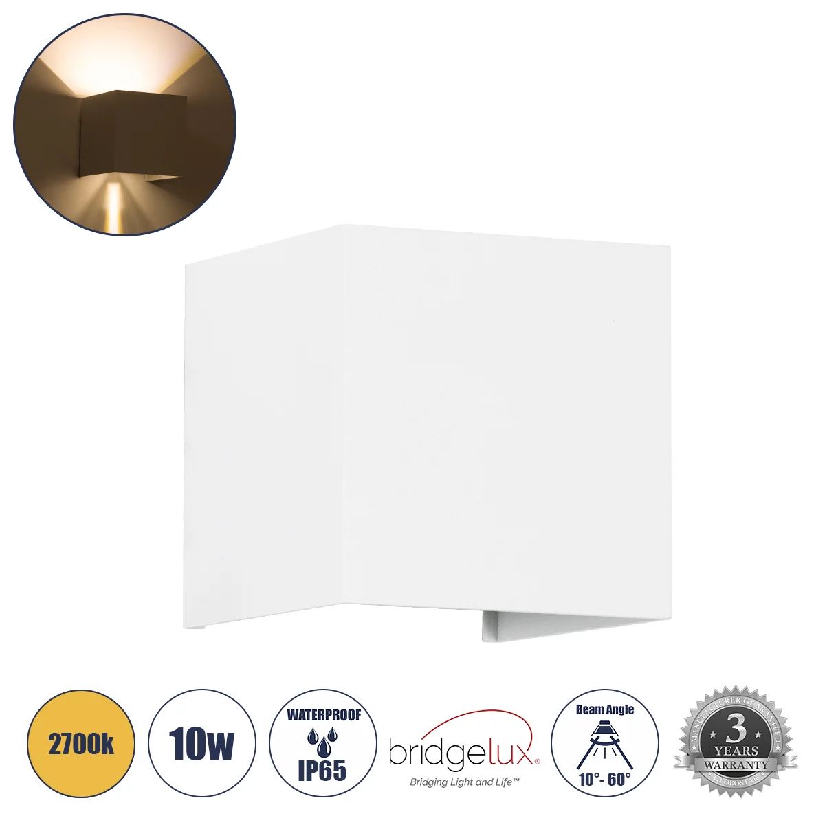 Φωτογραφία προϊόντος: GLOBOSTAR® AXIS-S 60560 Μοντέρνο Φωτιστικό Τοίχου - Απλίκα LED 10W 1150lm 5°/60° AC 220-240V Αδιάβροχο IP65 Θερμό Λευκό 2700K - Bridgelux COB Chip & TÜV SÜD Driver - Λευκό Ματ - Μ1