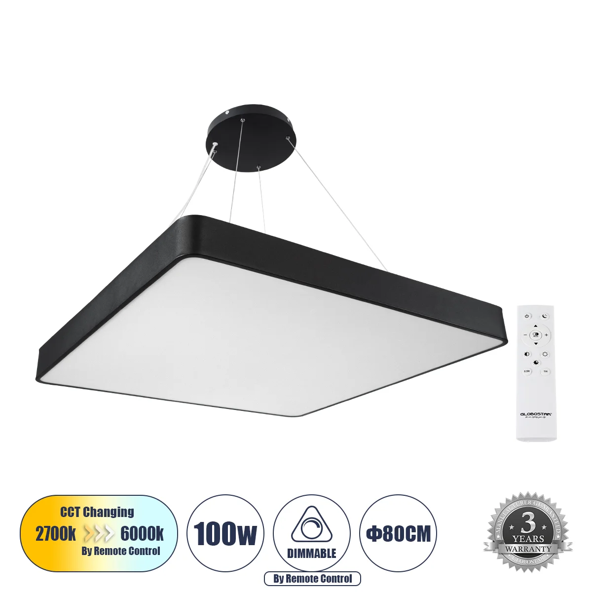 Φωτογραφία προϊόντος: GLOBOSTAR® KAMALA 61210-P Μοντέρνο Κρεμαστό Φωτιστικό Οροφής LED 100W 10000lm 120° AC 220-240V IP20 Ρυθμιζόμενο Λευκό CCT με Χειριστήριο από 2700K έως 6000K Dimmable - Lumileds SMD