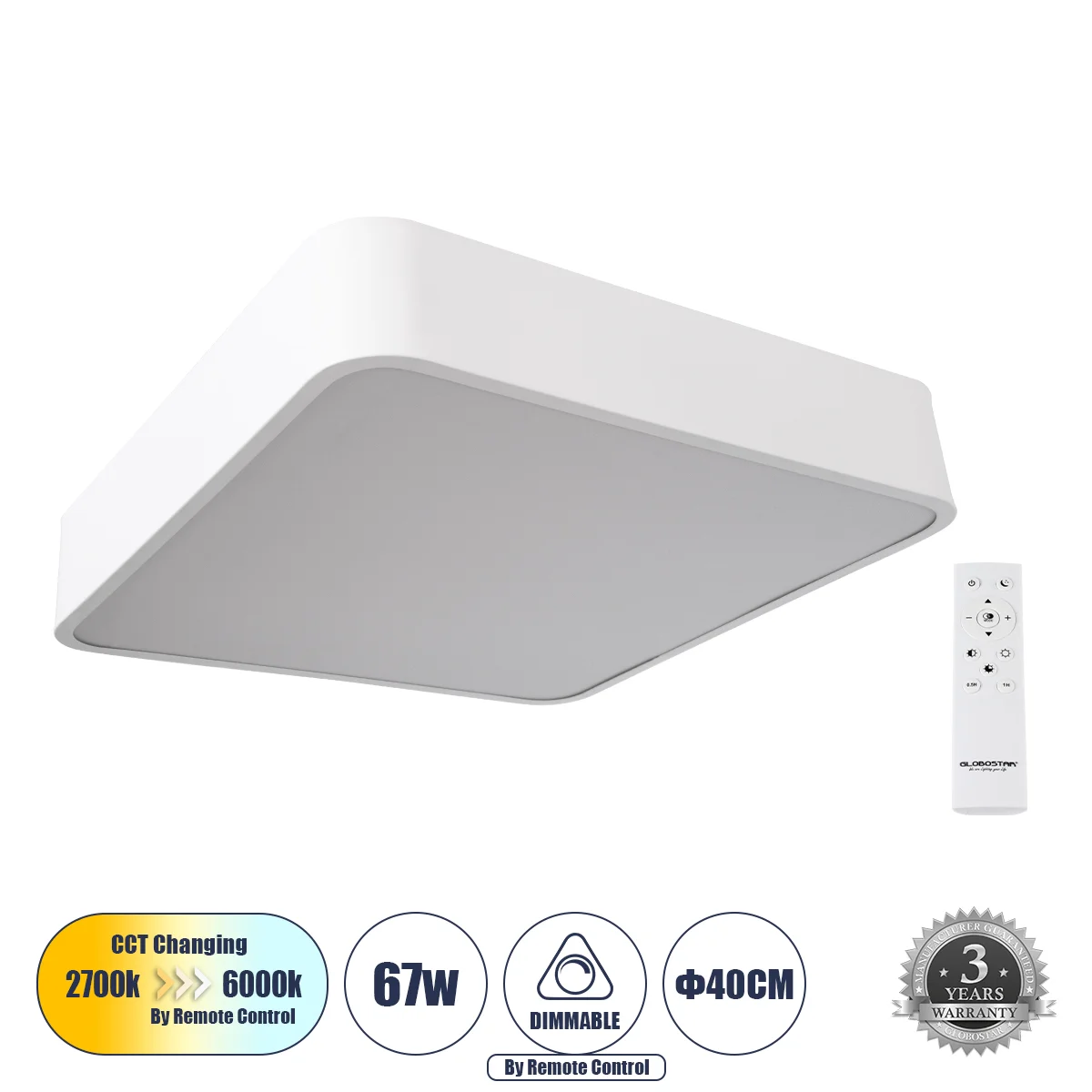 Φωτογραφία προϊόντος: GLOBOSTAR® KAMALA 61207-S Μοντέρνο Φωτιστικό Οροφής LED 67W 7370lm 120° AC 220-240V IP20 Ρυθμιζόμενο Λευκό CCT με Χειριστήριο από 2700K έως 6000K Dimmable - Lumileds SMD Chip - Λευ