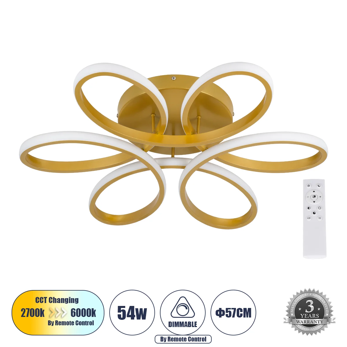Φωτογραφία προϊόντος: GLOBOSTAR® MARGARET 61403 Μοντέρνο Φωτιστικό Οροφής LED 54W 6210lm 360° AC 220-240V IP20 Ρυθμιζόμενο Λευκό CCT με Χειριστήριο από 2700K έως 6000K Dimmable - Lumileds SMD Chip - Χρυ