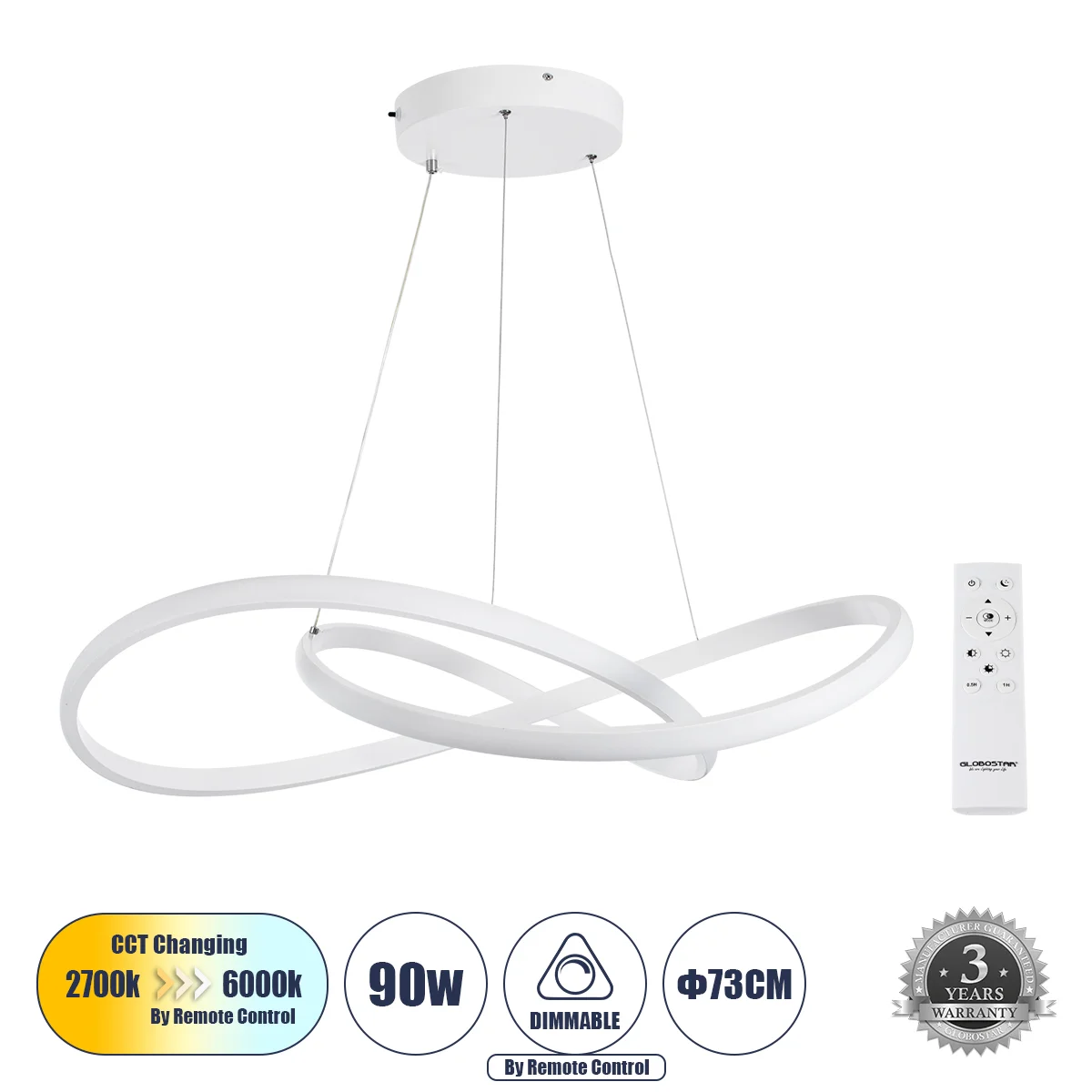 Φωτογραφία προϊόντος: GLOBOSTAR® DEXTER 60914 Μοντέρνο Κρεμαστό Φωτιστικό Οροφής LED 90W 10080lm 300° AC 220-240V IP20 Ρυθμιζόμενο Λευκό CCT με Χειριστήριο από 2700K έως 6000K Dimmable - Lumileds SMD Ch