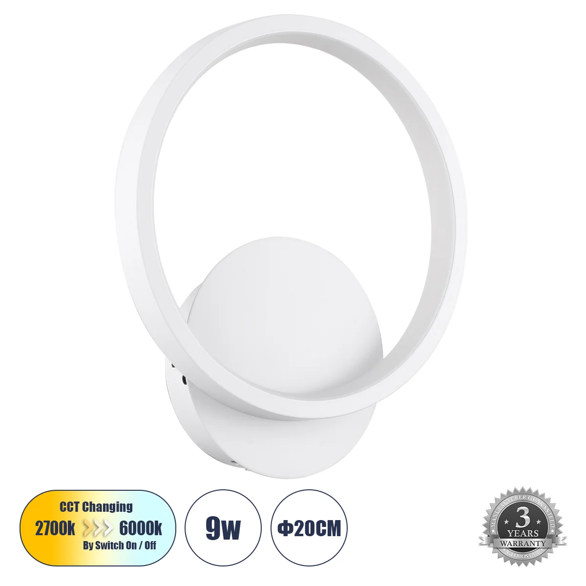 Φωτογραφία προϊόντος: GLOBOSTAR® TED 61071 Μοντέρνο Φωτιστικό Τοίχου - Απλίκα LED 9W 1080lm 300° AC 220-240V IP20 Ρυθμιζόμενο Λευκό CCT με On/Off 2700K/4500K/6000K - Lumileds SMD Chip - Λευκό Ματ - Μ20