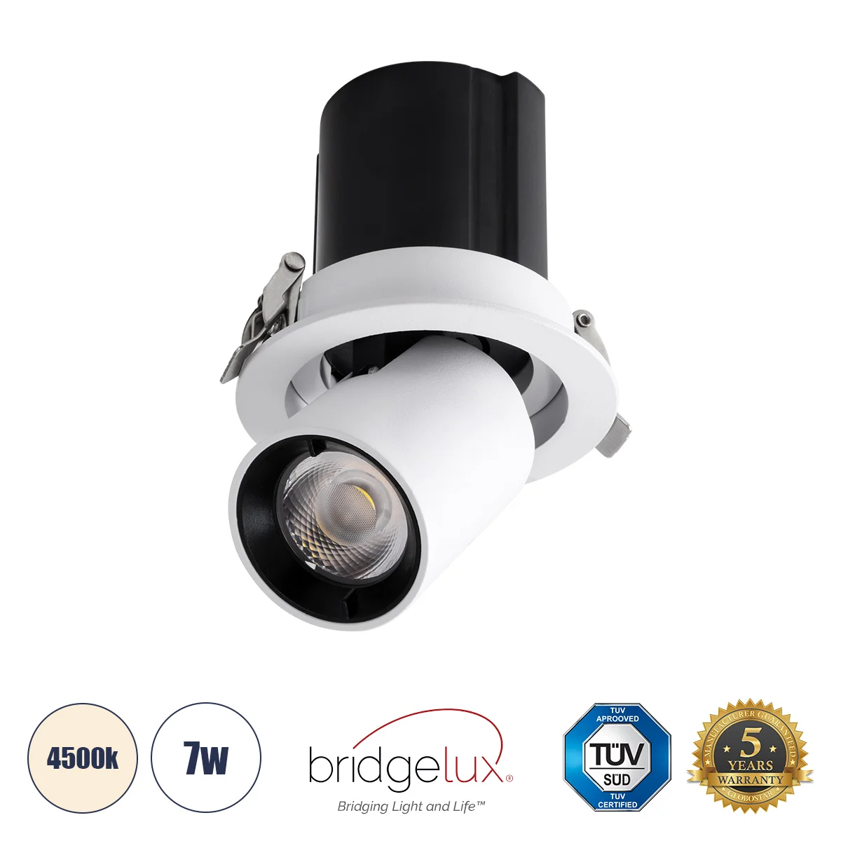 Φωτογραφία προϊόντος: GLOBOSTAR® VIRGO-S 60302 Χωνευτό Κινούμενο Downlight Σποτ LED 7W 910lm 36° AC 220-240V IP20 Φυσικό Λευκό 4500K - Bridgelux COB Chip & TÜV SÜD Driver - Λευκό & Μαύρο Ματ - Μ9 x Π9 x