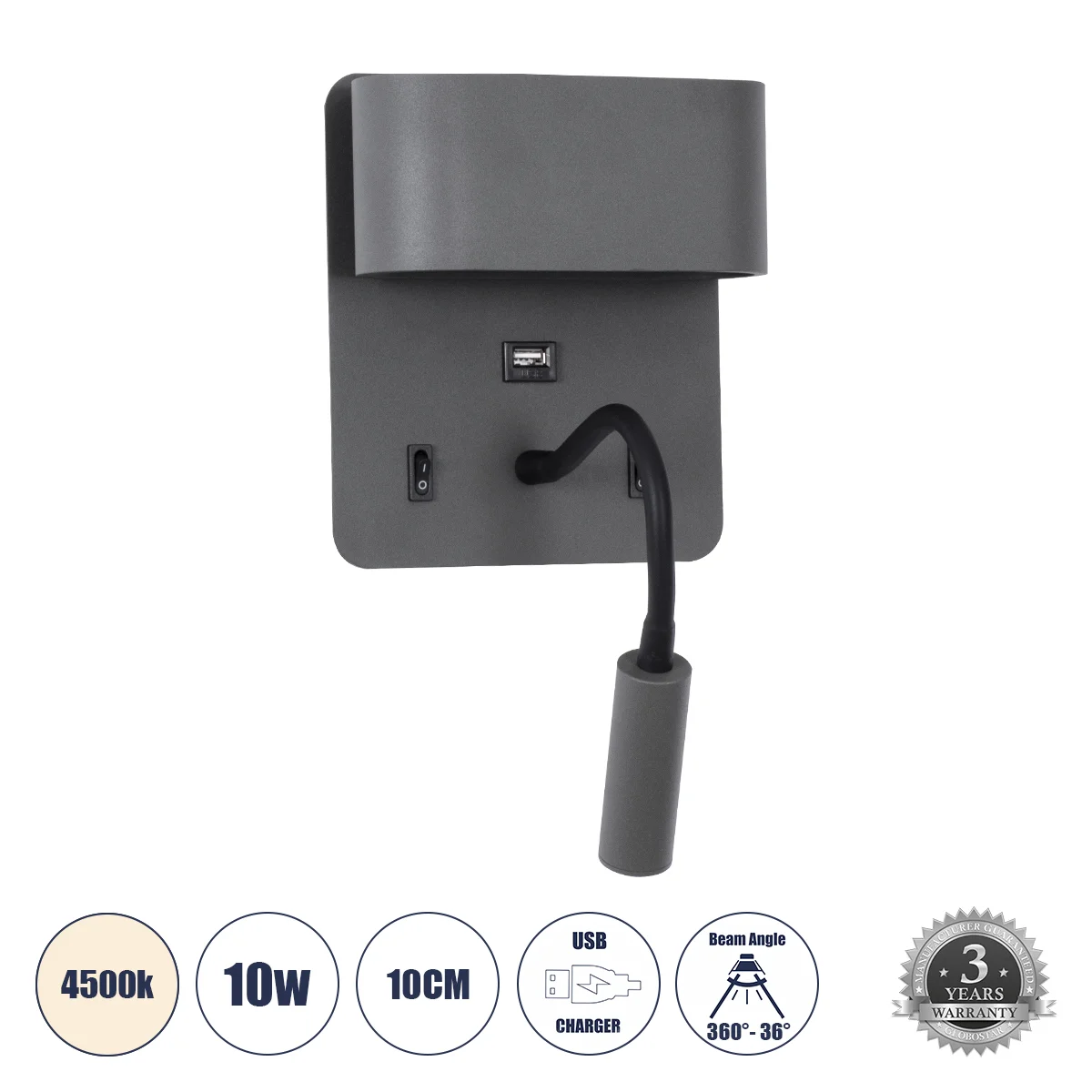 Φωτογραφία προϊόντος: GLOBOSTAR® IBIS 61369 Μοντέρνο Φωτιστικό Τοίχου - Απλίκα Ξενοδοχείου Reading Light με Φορτιστή USB 3A LED 10W 1100lm 36° & 360° AC 220-240V IP20 Φυσικό Λευκό 4500K - Bridgelux COB