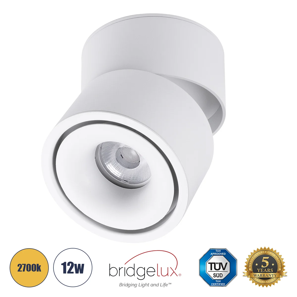 Φωτογραφία προϊόντος: GLOBOSTAR® OMEGA-S 60299 Κινούμενο Downlight Σποτ LED 12W 1500lm 36° AC 220-240V IP20 Θερμό Λευκό 2700K - Bridgelux COB Chip & TÜV SÜD Driver - Λευκό Ματ - Μ10 x Π10 x Υ10.5cm - 5