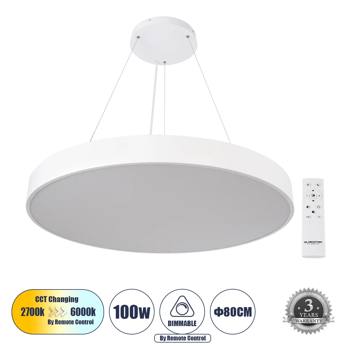Φωτογραφία προϊόντος: GLOBOSTAR® BURTON 61205 Μοντέρνο Κρεμαστό Φωτιστικό Οροφής LED 100W 10000lm 120° AC 220-240V IP20 Ρυθμιζόμενο Λευκό CCT με Χειριστήριο από 2700K έως 6000K Dimmable - Lumileds SMD C
