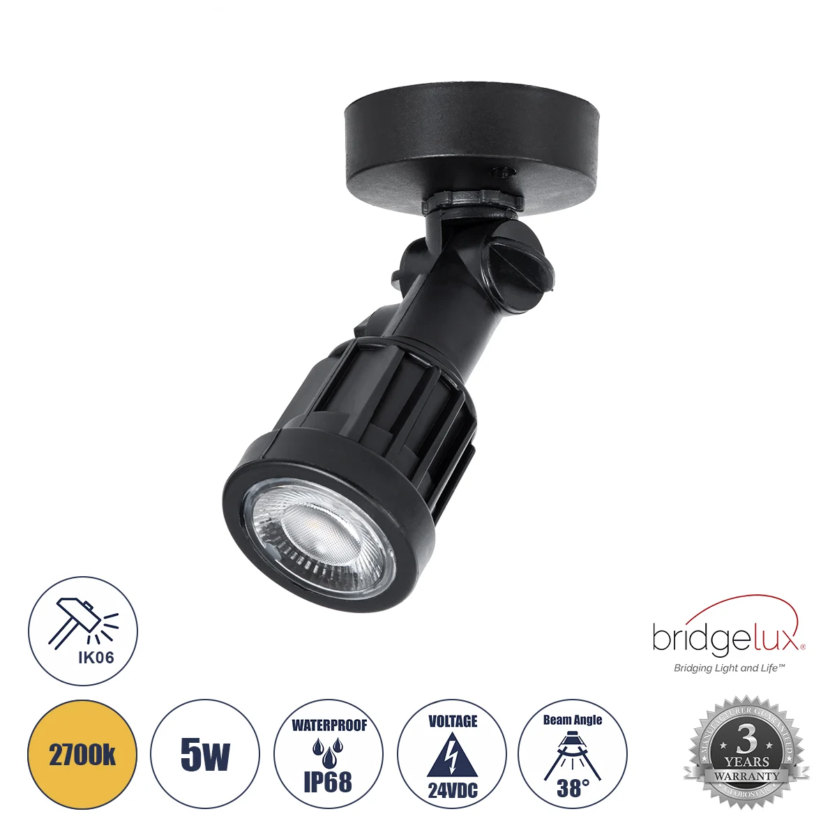 Φωτογραφία προϊόντος: GLOBOSTAR® GARDENINI 61546 Φωτιστικό Σποτ LED 5W 650lm 38° DC 24V Αδιάβροχο IP68 Θερμό Λευκό 2700K Dimmable - Lumileds SMD Chip - Μαύρο - Μ7 x Π7 x Υ14.5cm - 3 Χρόνια Εγγύηση
