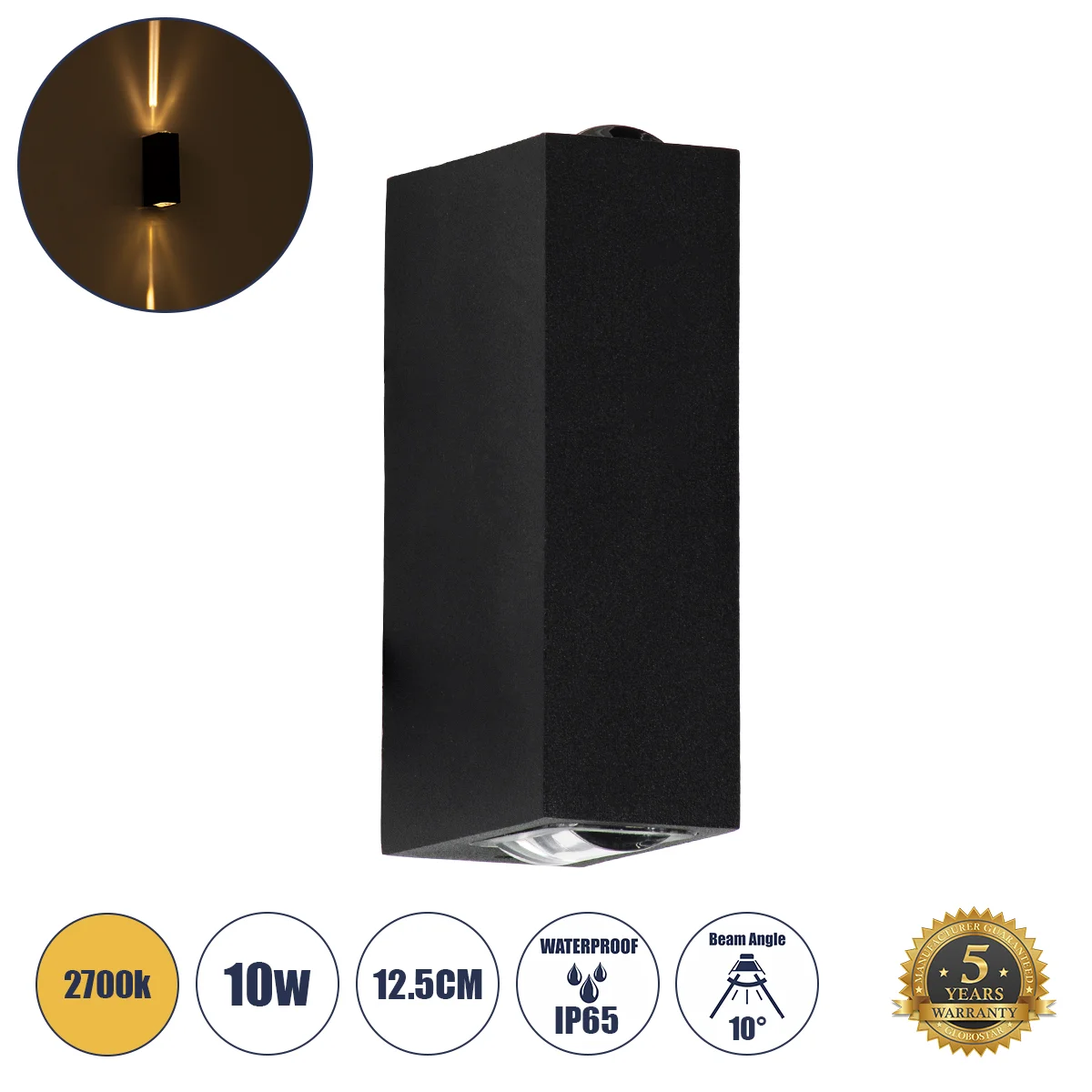 Φωτογραφία προϊόντος: GLOBOSTAR® LINOR 60529 Μοντέρνο Φωτιστικό Τοίχου - Απλίκα LED 10W 1000lm 10° AC 220-240V Αδιάβροχο IP65 Θερμό Λευκό 2700K - Bridgelux COB Chip & TÜV SÜD Driver - Μαύρο Ματ - Μ12.5