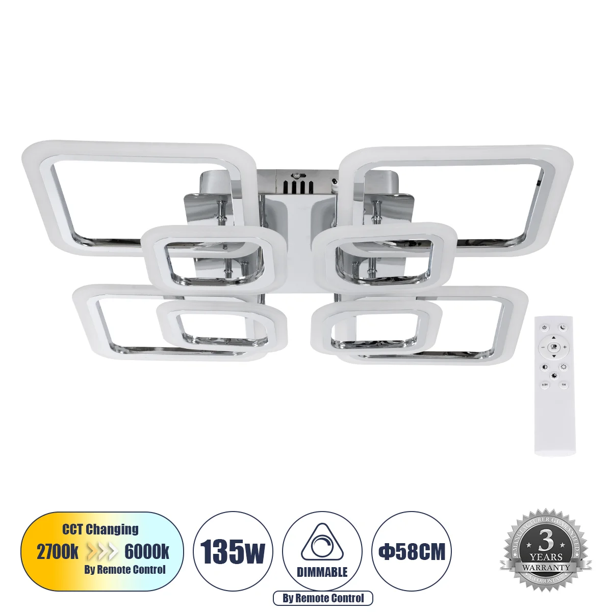 Φωτογραφία προϊόντος: GLOBOSTAR® ROYAL-S 61326 Μοντέρνο Φωτιστικό Οροφής LED 135W 16200lm 360° AC 220-240V IP20 Ρυθμιζόμενο Λευκό CCT με Χειριστήριο από 2700K έως 6000K Dimmable - Lumileds SMD Chip - Ασ