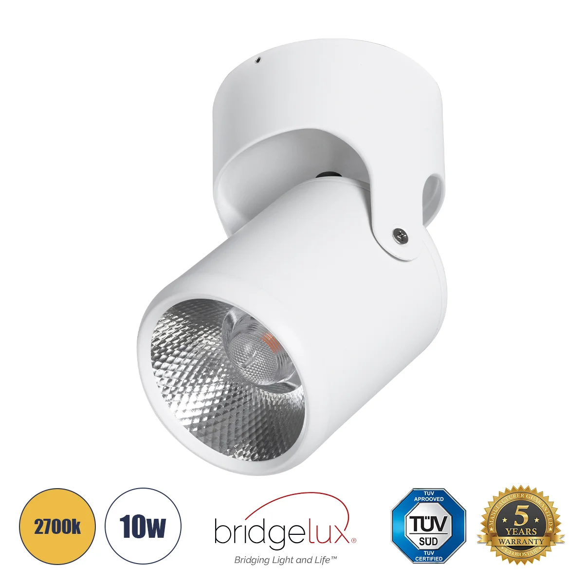 Φωτογραφία προϊόντος: GLOBOSTAR® DETRONIC 60502 Κινούμενο Downlight Σποτ LED 10W 1250lm 24° AC 220-240V IP20 Θερμό Λευκό 2700K - Bridgelux COB Chip & TÜV SÜD Driver - Λευκό Ματ - Μ9 x Π9 x Υ16cm - 5 Χρό