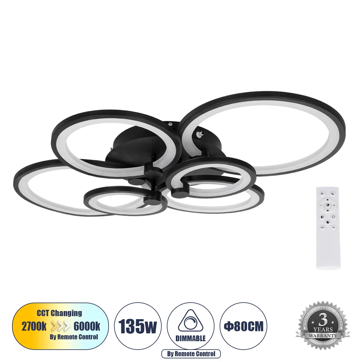 Φωτογραφία προϊόντος: GLOBOSTAR® ROYAL-R 61323 Μοντέρνο Φωτιστικό Οροφής LED 135W 16200lm 360° AC 220-240V IP20 Ρυθμιζόμενο Λευκό CCT με Χειριστήριο από 2700K έως 6000K Dimmable - Lumileds SMD Chip - Μα