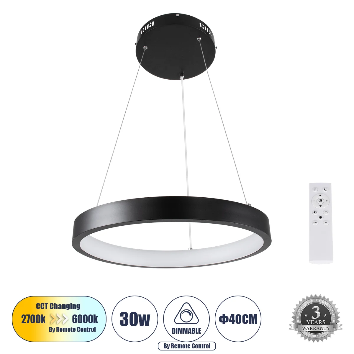 Φωτογραφία προϊόντος: GLOBOSTAR® NEMESIS 61155 Μοντέρνο Κρεμαστό Φωτιστικό Οροφής LED 30W 3513lm 360° AC 220-240V IP20 Ρυθμιζόμενο Λευκό CCT με Χειριστήριο από 2700K έως 6000K Dimmable - Lumileds SMD Ch