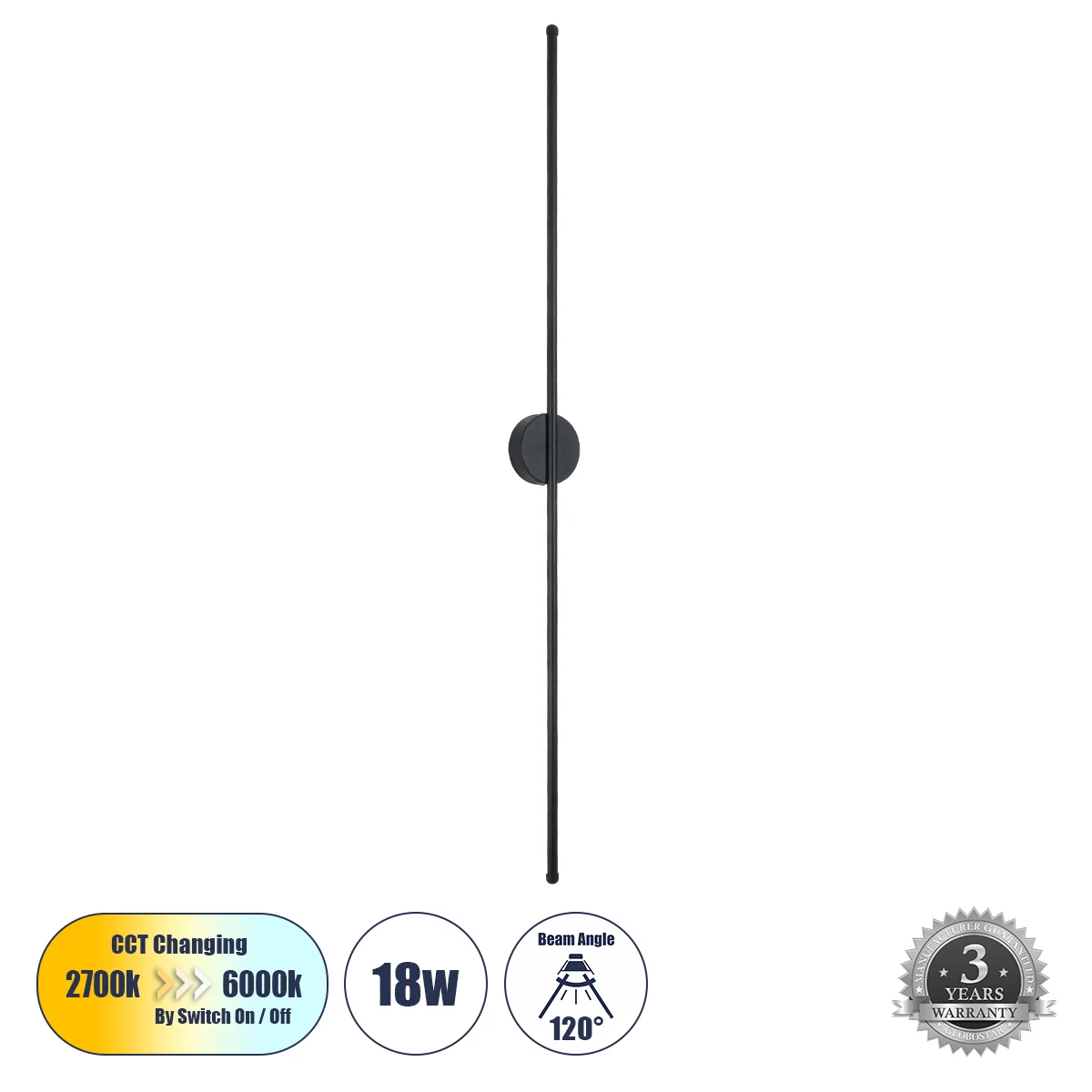Φωτογραφία προϊόντος: GLOBOSTAR® DIADEM 61333 Μοντέρνο Φωτιστικό Τοίχου - Απλίκα LED 18W 2160lm 120° AC 220-240V IP20 Ρυθμιζόμενο Λευκό CCT με On/Off 2700K/4500K/6000K - Lumileds SMD Chip - Μαύρο Ματ -