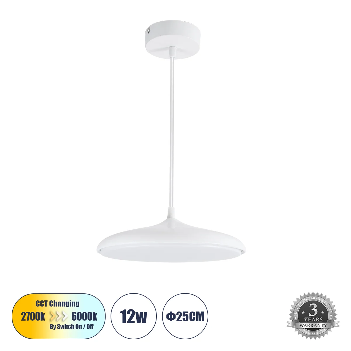 Φωτογραφία προϊόντος: GLOBOSTAR® BARON 61252 Μοντέρνο Κρεμαστό Φωτιστικό Οροφής LED 12W 1440lm 120° AC 220-240V IP20 Ρυθμιζόμενο Λευκό CCT με On/Off 2700K/4500K/6000K - Lumileds SMD Chip - Λευκό Ματ - Μ
