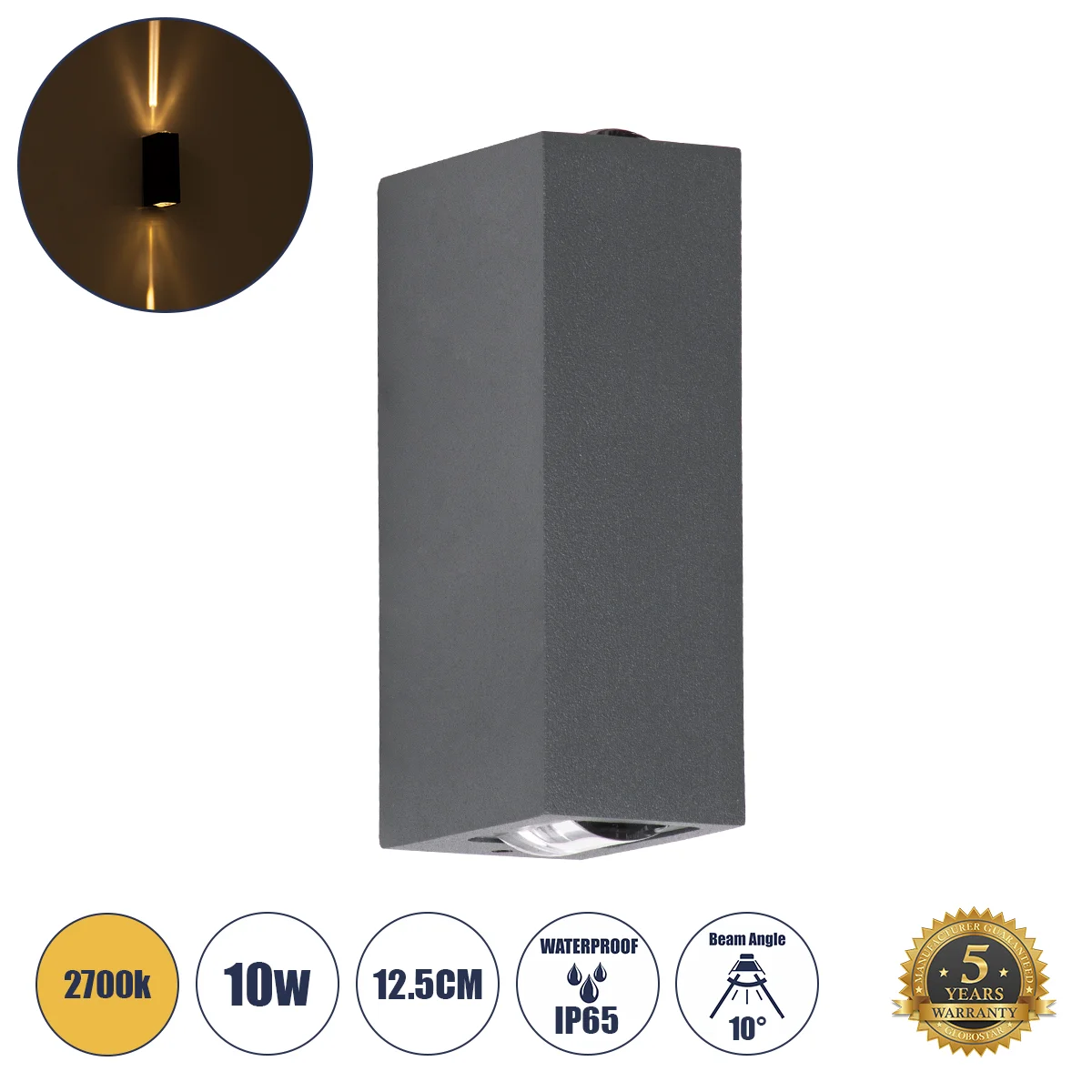 Φωτογραφία προϊόντος: GLOBOSTAR® LINOR 60528 Μοντέρνο Φωτιστικό Τοίχου - Απλίκα LED 10W 1000lm 10° AC 220-240V Αδιάβροχο IP65 Θερμό Λευκό 2700K - Bridgelux COB Chip & TÜV SÜD Driver - Γκρι Ανθρακί Ματ -