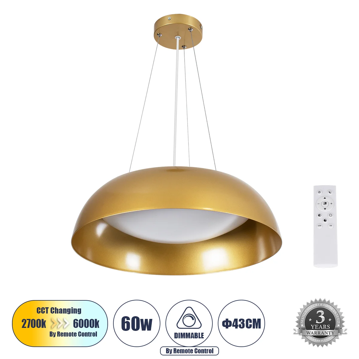 Φωτογραφία προϊόντος: GLOBOSTAR® ANATOLIA 61268 Μοντέρνο Κρεμαστό Φωτιστικό Οροφής LED 60W 6900lm 120° AC 220-240V IP20 Ρυθμιζόμενο Λευκό CCT με Χειριστήριο από 2700K έως 6000K Dimmable - Lumileds SMD C